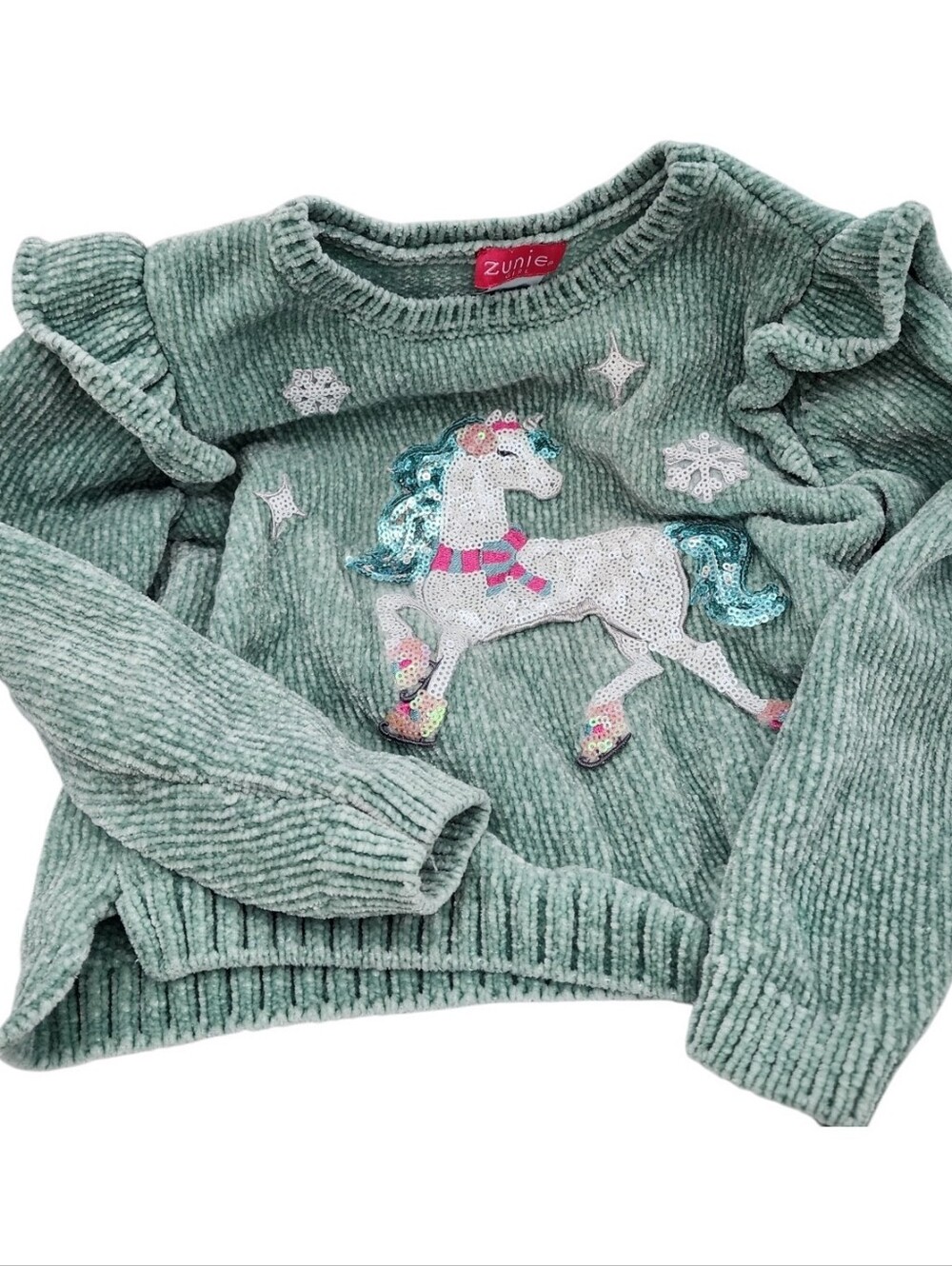 Zunie Girls Unicorn Sweater Relaxed Fit Soft Cozy Chenille Ruffle Sequin XS 4/5